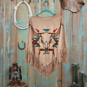 MONTANA WEST Steer Skull Graphic Faux Suede Fringed‎ Poncho OS NWT